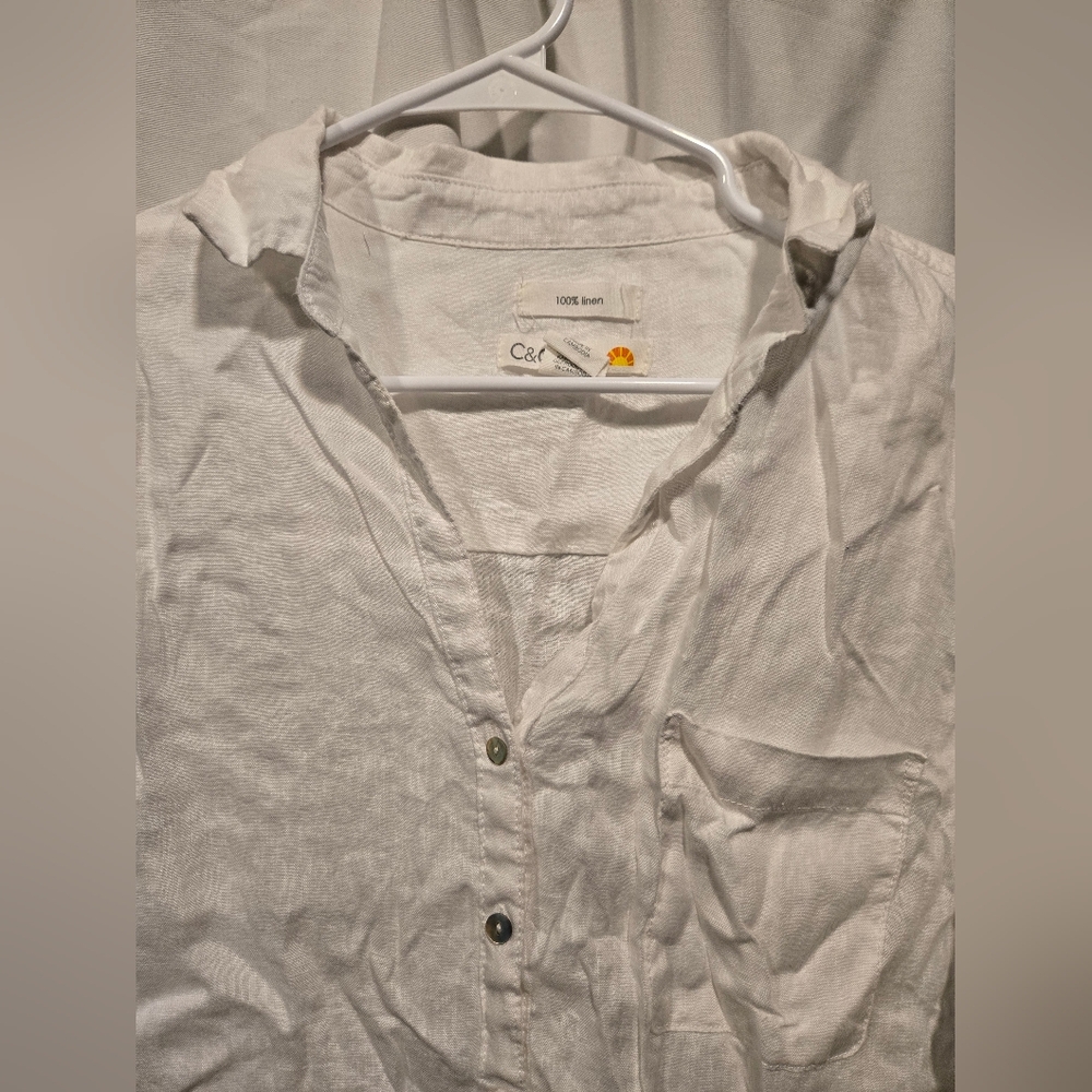 NWOT Women's C&C California White Linen Blouse Roll Sleeve Size Medium - Picture 2 of 8